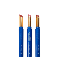 Three blue ELEUSIA lip products with red caps on a white background