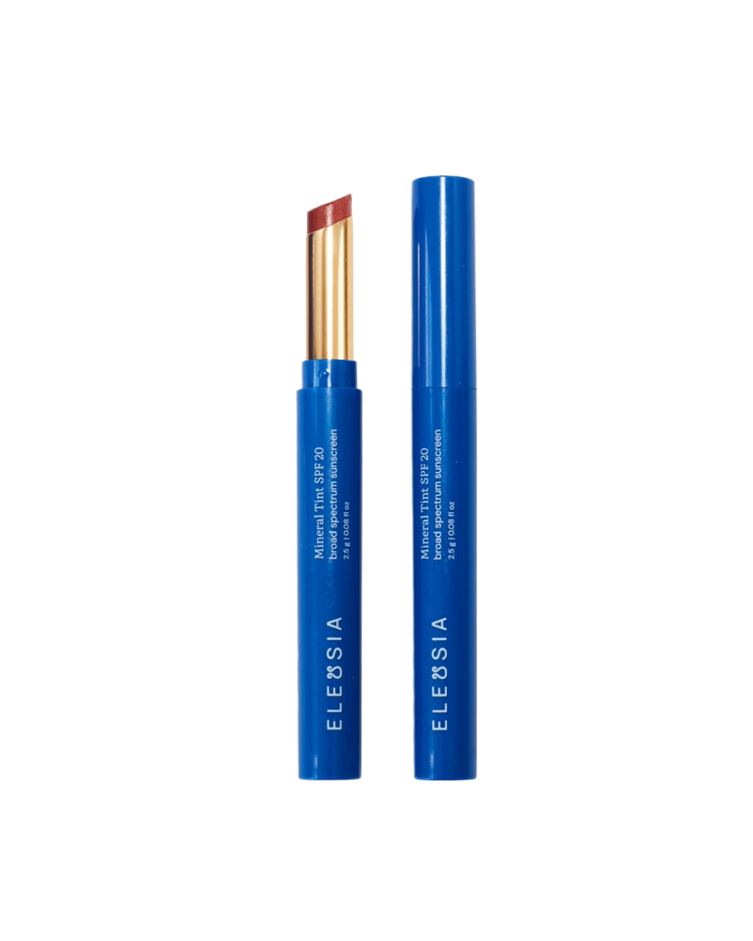 Two blue Eleusia lip products with visible brand name on a white background